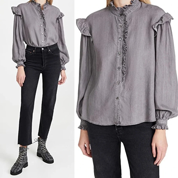 Rebecca Minkoff Willamina Tencel Ruffle Gray Long sleeve Top size medium - Picture 2 of 9